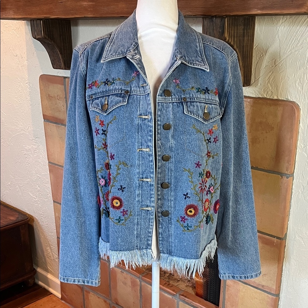 Carole Little Floral Embroidered and Embellished Fringe Denim Jacket, size L
